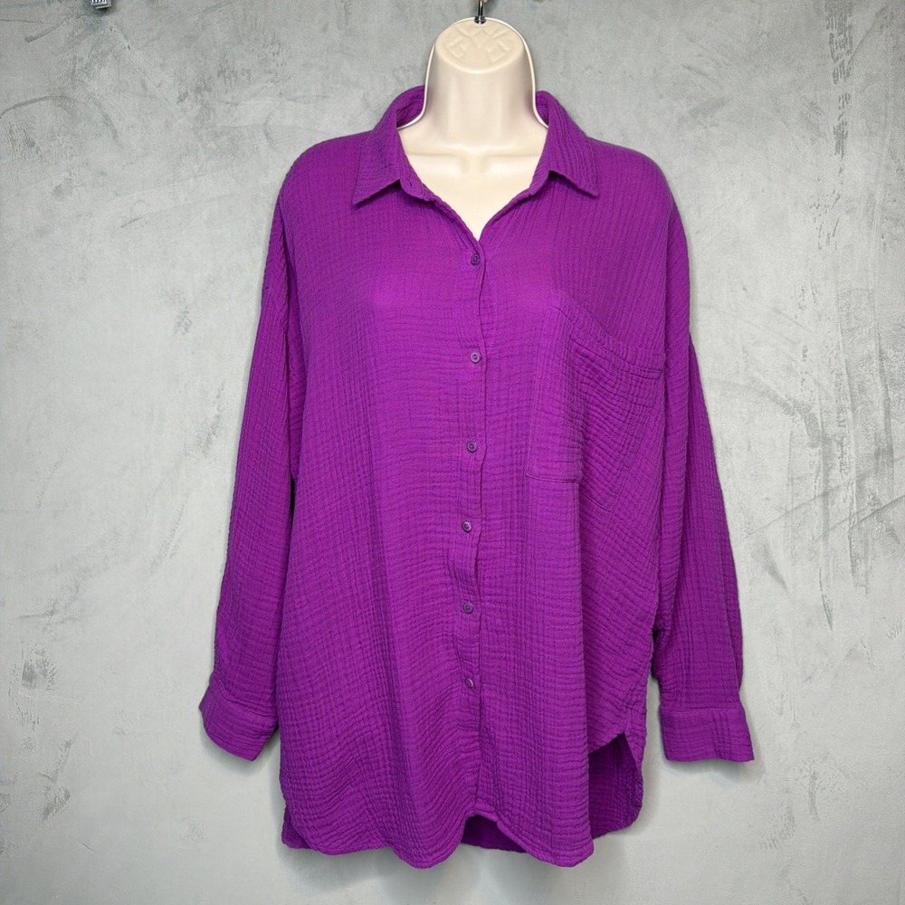 Eileen Fisher Womens M Purple Organic Cotton Gauze Button Tunic Shirt Oversized